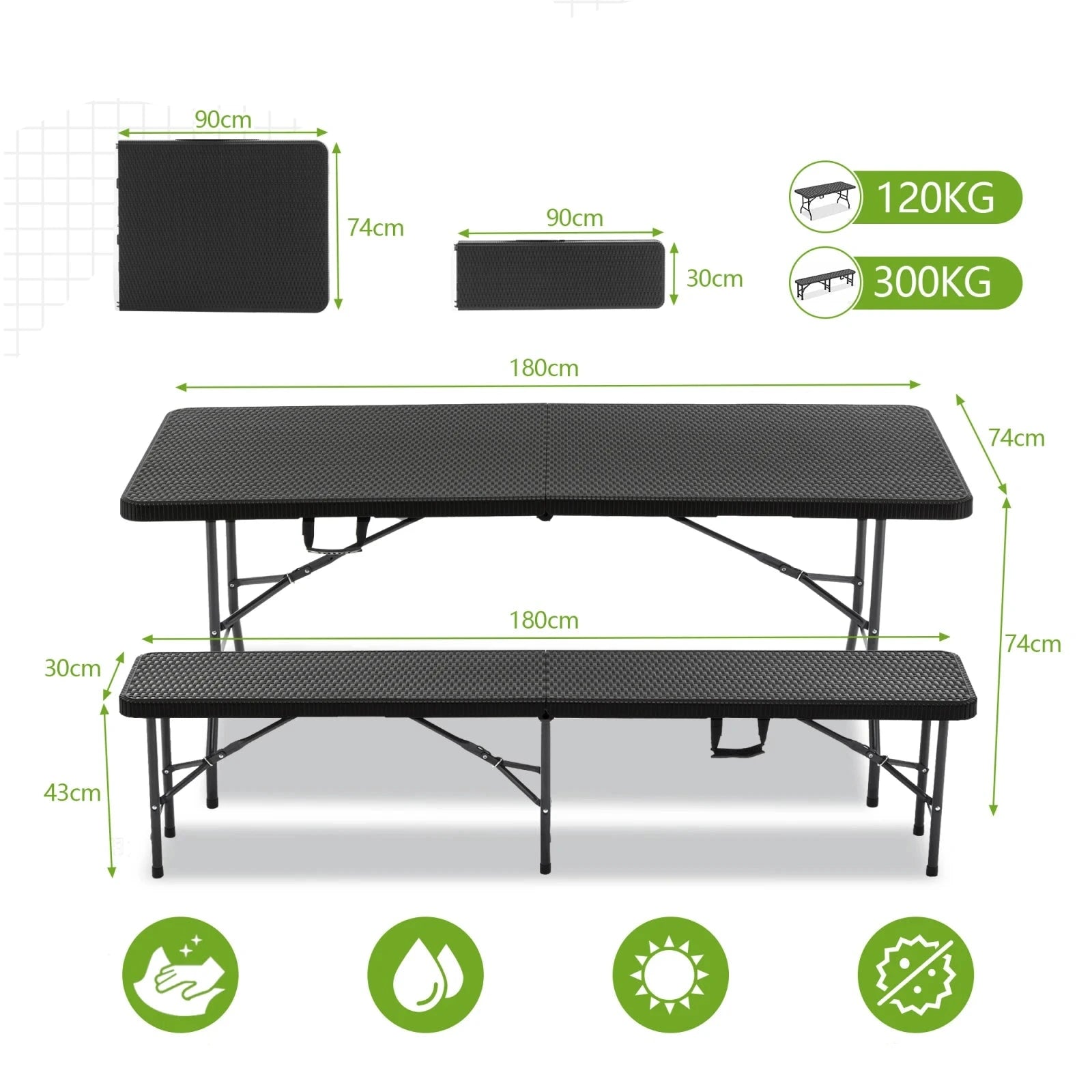 Table de pique-nique pliante avec 2 bancs