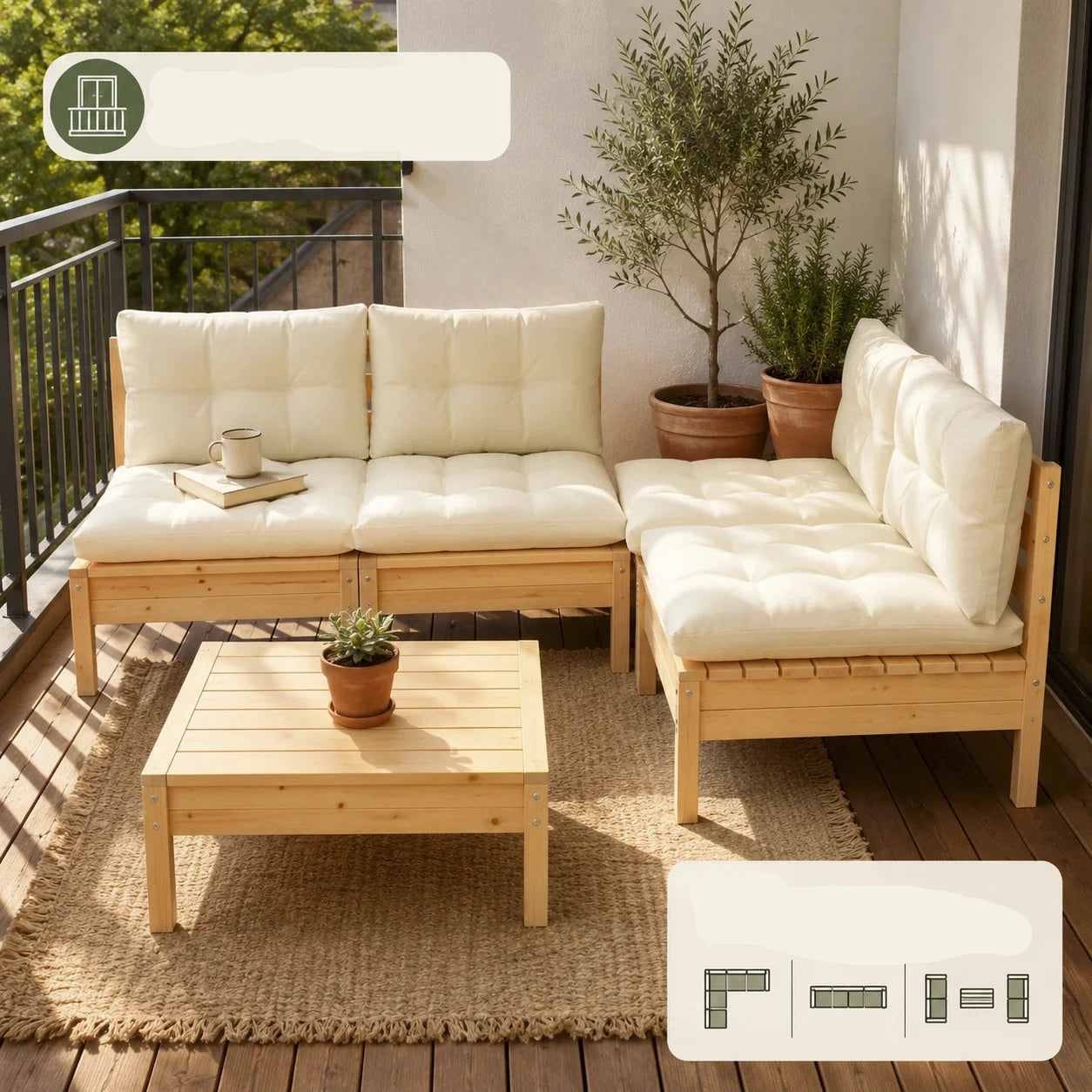Ensemble de salon de jardin 3 pièces avec coussins crème